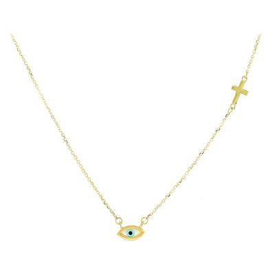 Χρυσό Κολιέ με Ματάκι και Σταυρό 9 Καράτια