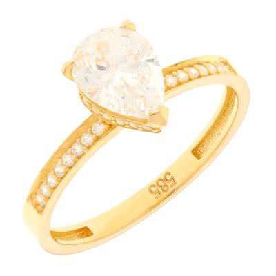 Δαχτυλίδι Κίτρινου Χρυσού 14Κ με Δάκρυ Ζιργκόν και Πλαϊνές Πέτρες