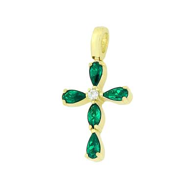 Χρυσός Γυναικείος Σταυρός με Πράσινες Πέτρες Ζιργκόν 14 Καράτια