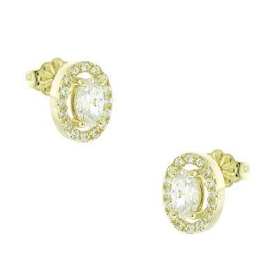 Χρυσά Σκουλαρίκια Καρφάκια με Οβάλ Λευκή Πέτρα & Πέτρες Ζιργκόν