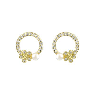 Ασημένια Σκουλαρίκια Κύκλος με Ζιργκόν και Πέρλα Λουλούδι