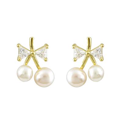 Ασημένια Σκουλαρίκια Κεράσι με Μαργαριτάρι και Πέτρες 925