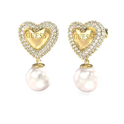 GUESS STEEL BELOVED JUBE06006JWYGT/U Σκουλαρίκια Χρυσά Με Καρδιές Με Κρεμαστές Πέρλες