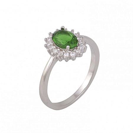 Ασημένιο Δαχτυλίδι Ροζέτα Οβάλ με Πράσινη Πέτρα Ζιργκόν
