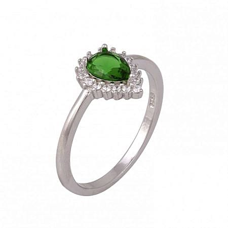 Ασημένιο Δαχτυλίδι Ροζέτα Δάκρυ με Πράσινη Πέτρα Ζιργκόν