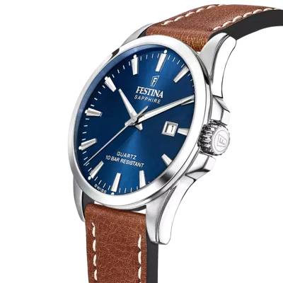 Festina SWISS MADE με Ασημί Μπρασελέ και Κρύσταλλο Ζαφείρι F20026/3