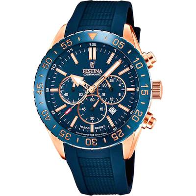 Festina Chronograph με Μπλέ Λουράκι και Κεραμική Στεφάνη F20516/1
